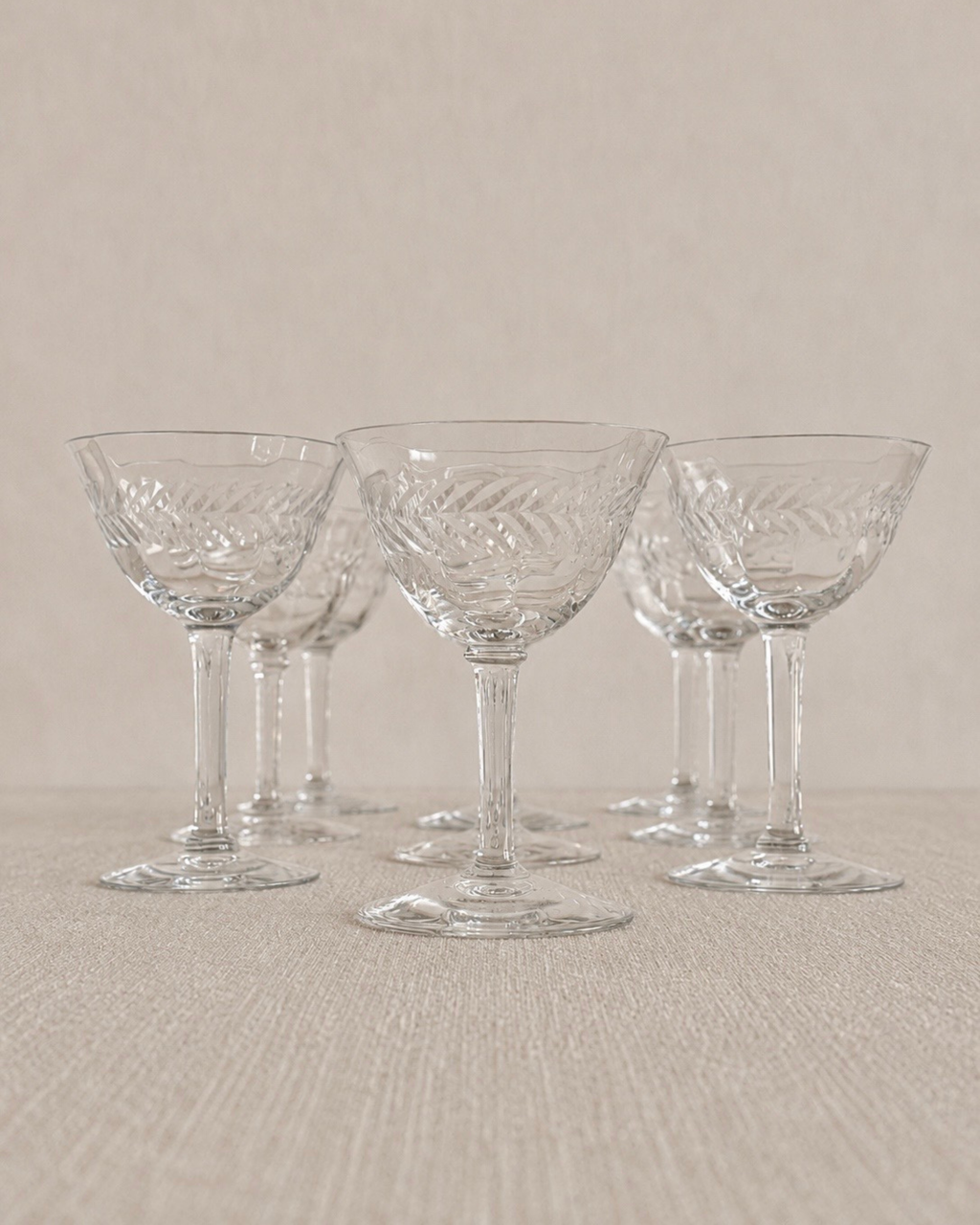 Laurel Leaf Etched Hand-Blown Crystal Coupe Glasses, Set of 9