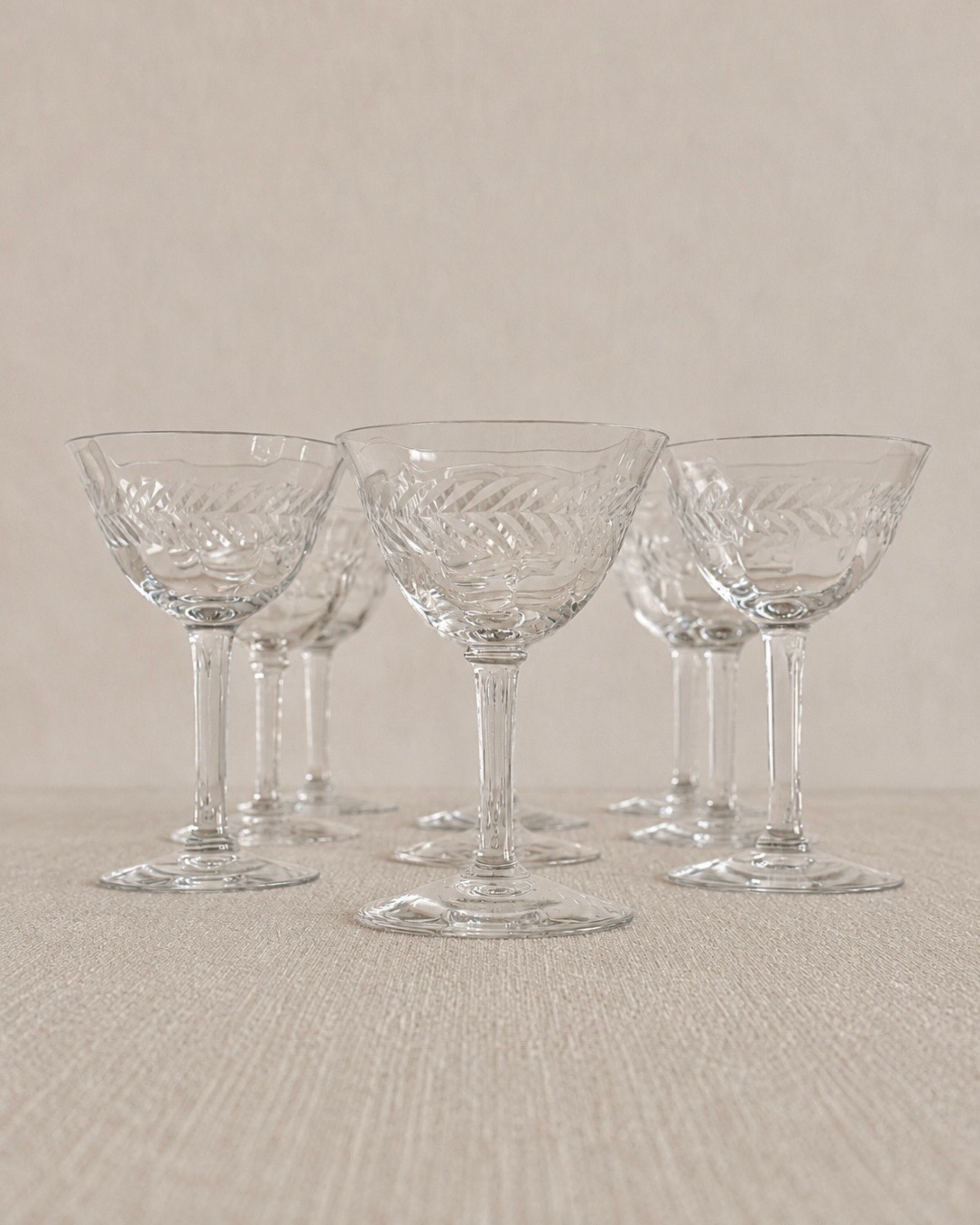 Laurel Leaf Etched Hand-Blown Crystal Coupe Glasses, Set of 9