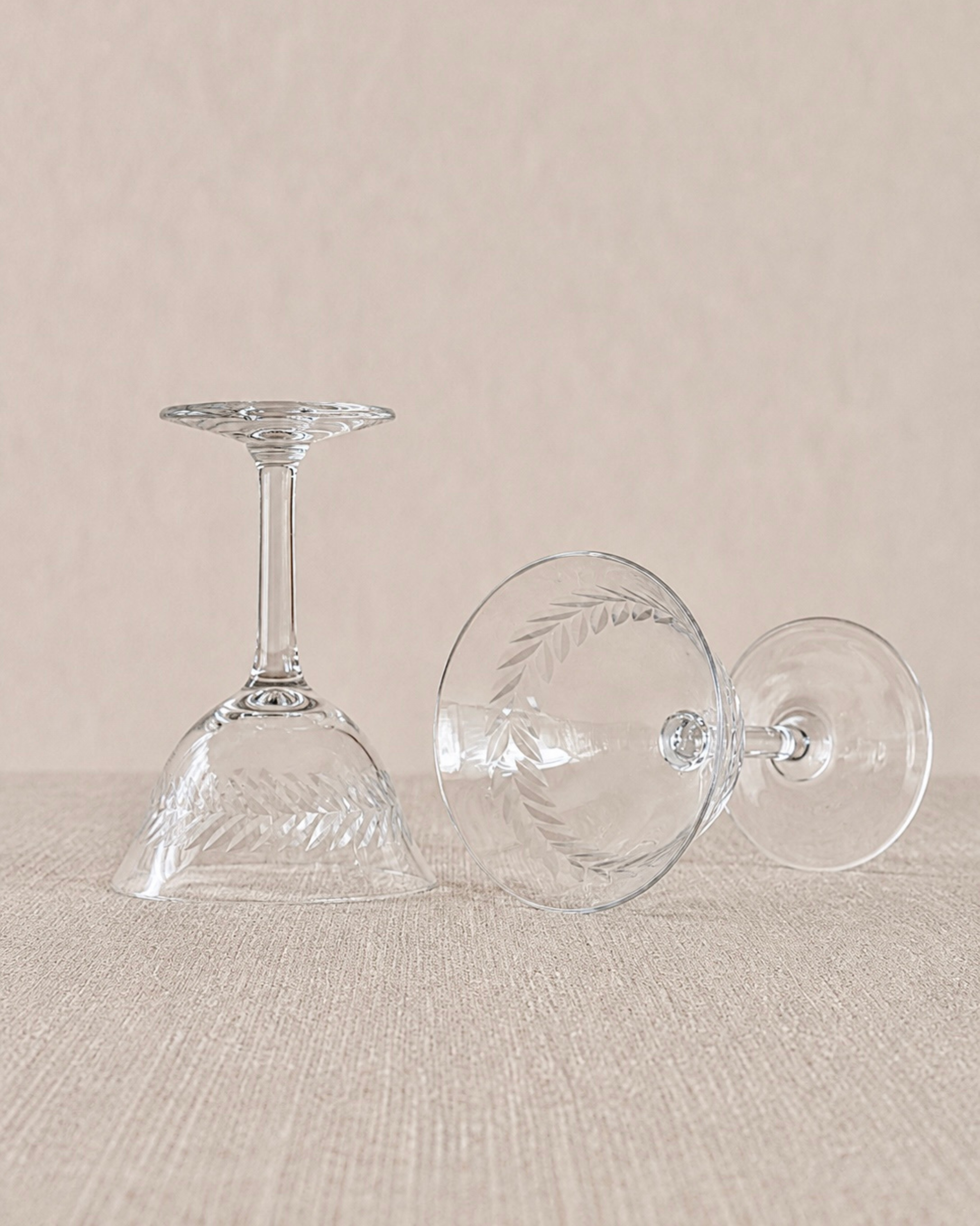 Laurel Leaf Etched Hand-Blown Crystal Coupe Glasses, Set of 9