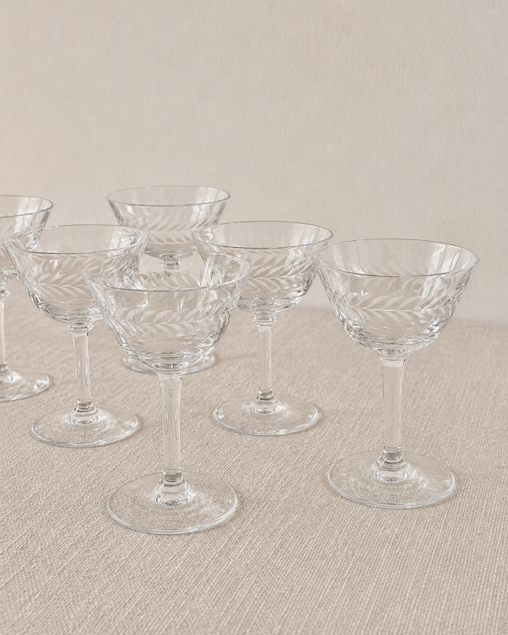 Laurel Leaf Etched Hand-Blown Crystal Coupe Glasses, Set of 9