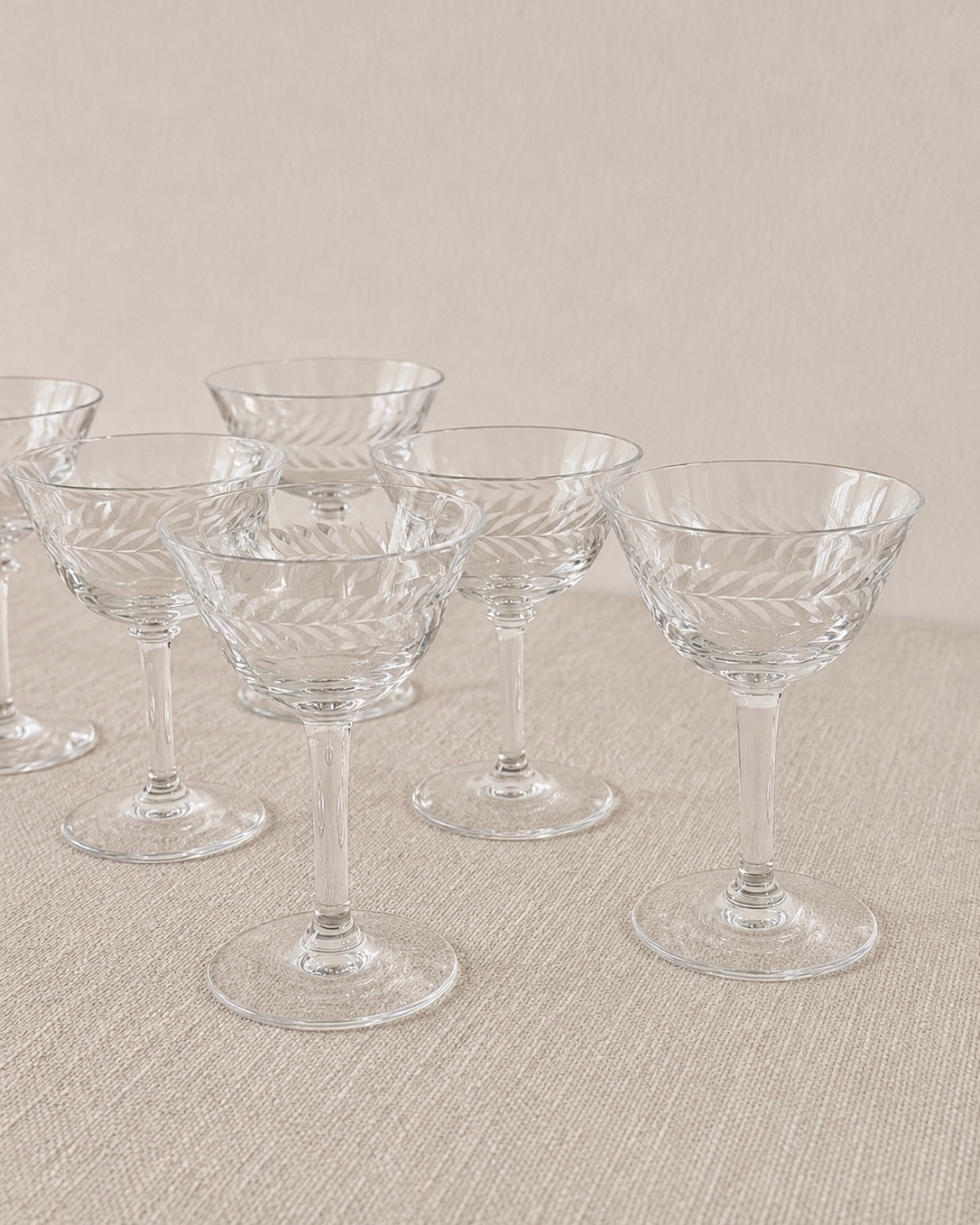 Laurel Leaf Etched Hand-Blown Crystal Coupe Glasses, Set of 9