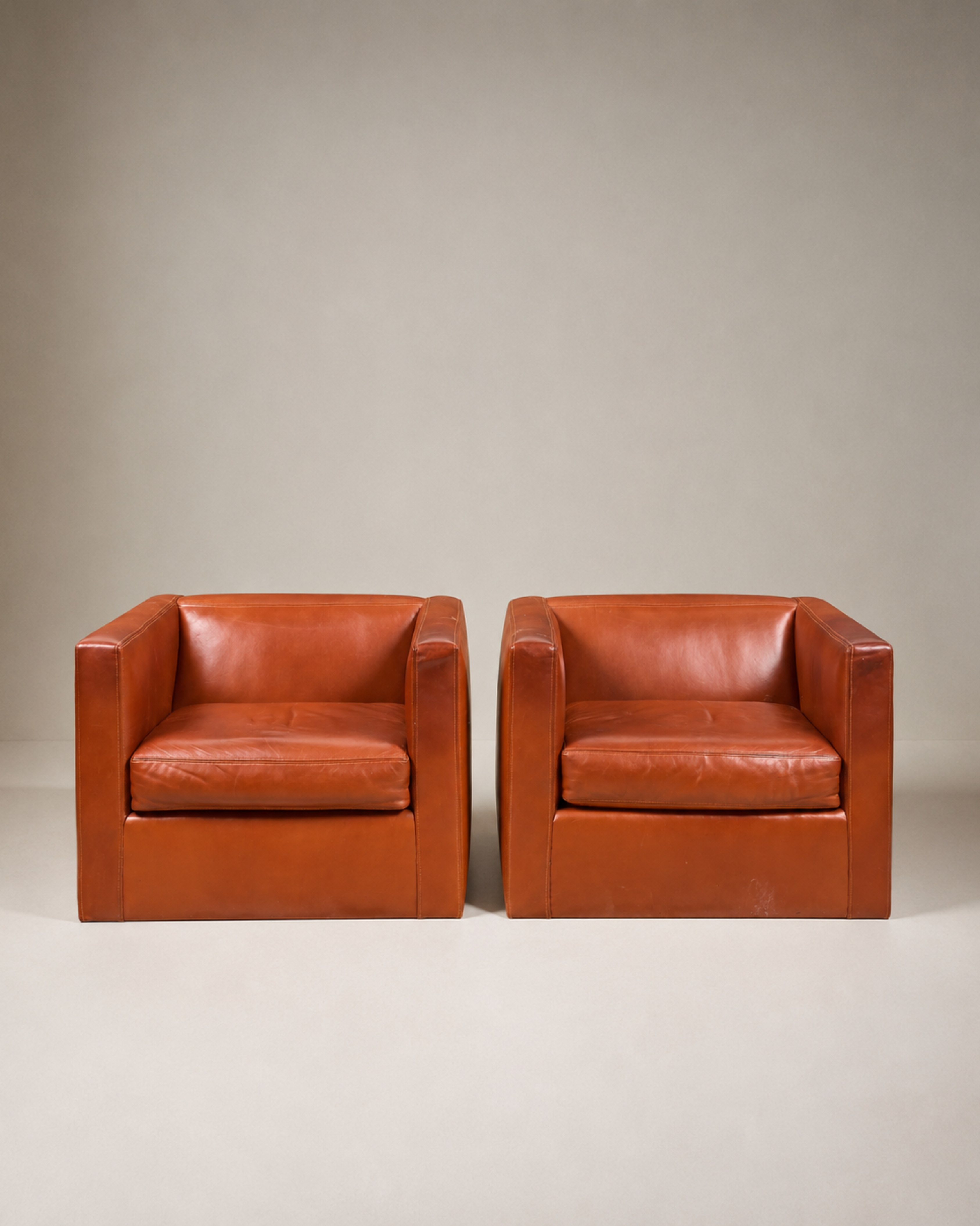 Pair of Vintage Tan Leather Cube Club Chairs on Casters