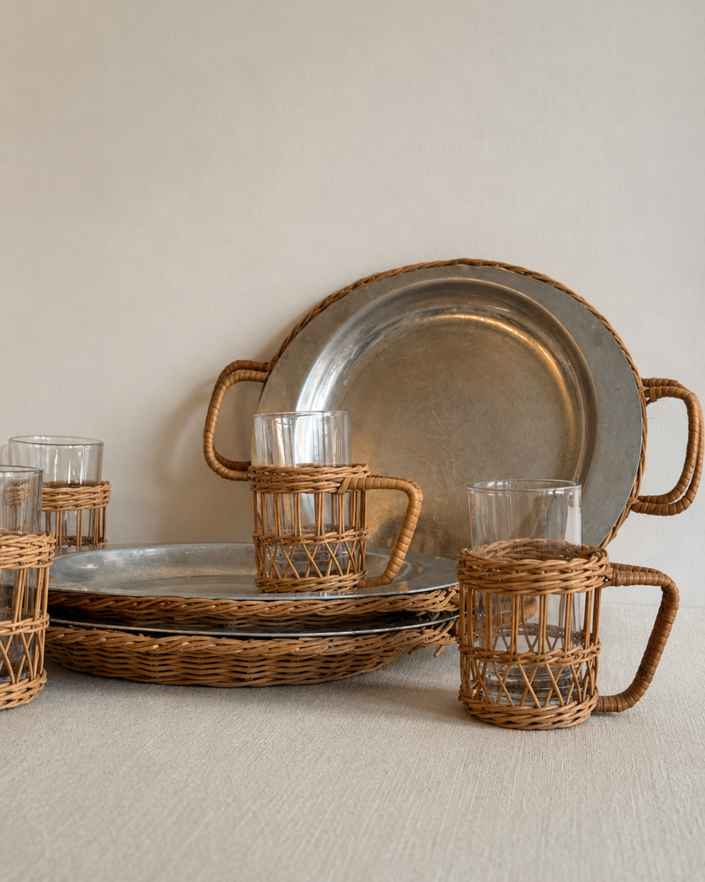 Vintage Ferralum Wicker & Aluminum Dinnerware Set