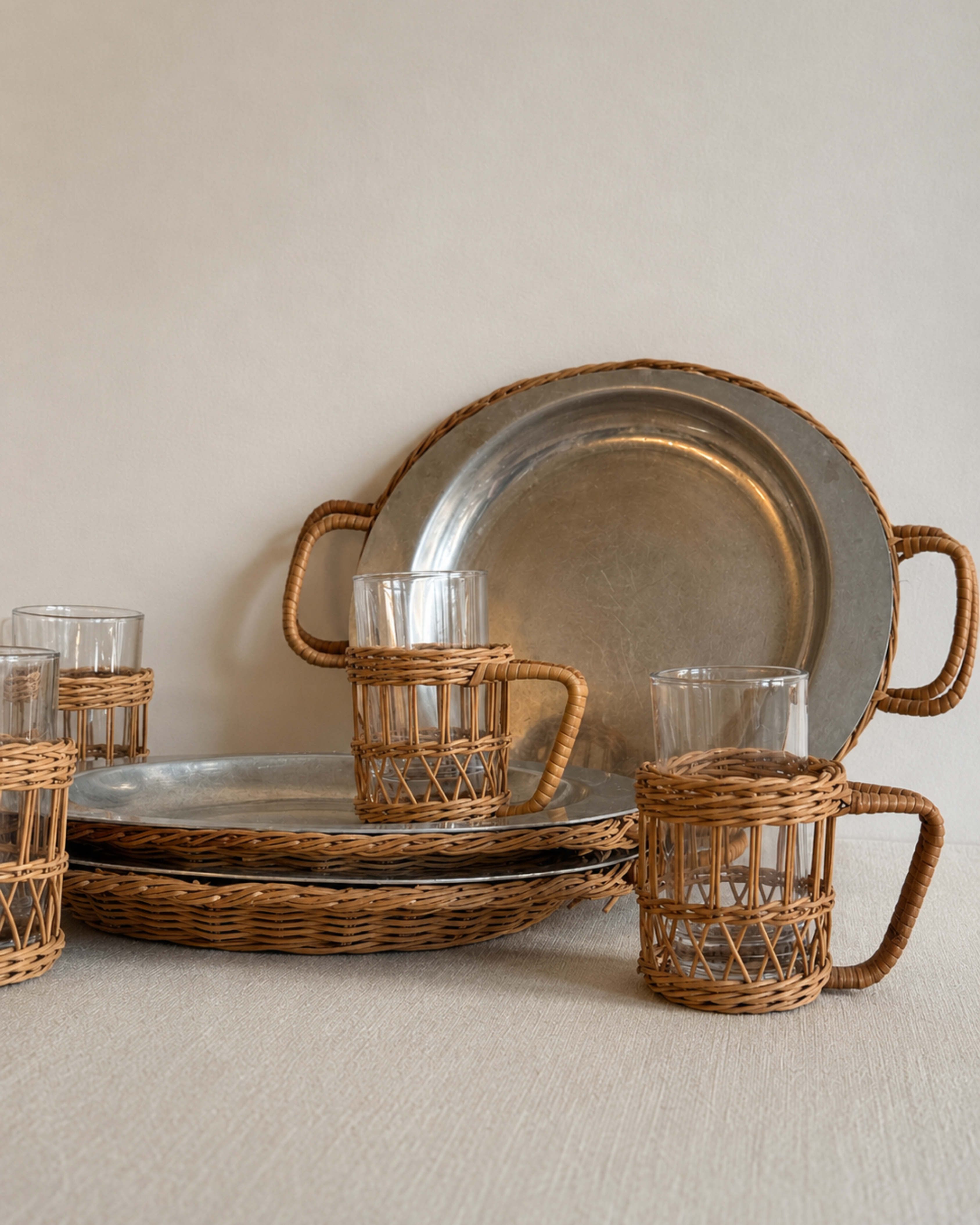 Vintage Ferralum Wicker & Aluminum Dinnerware Set