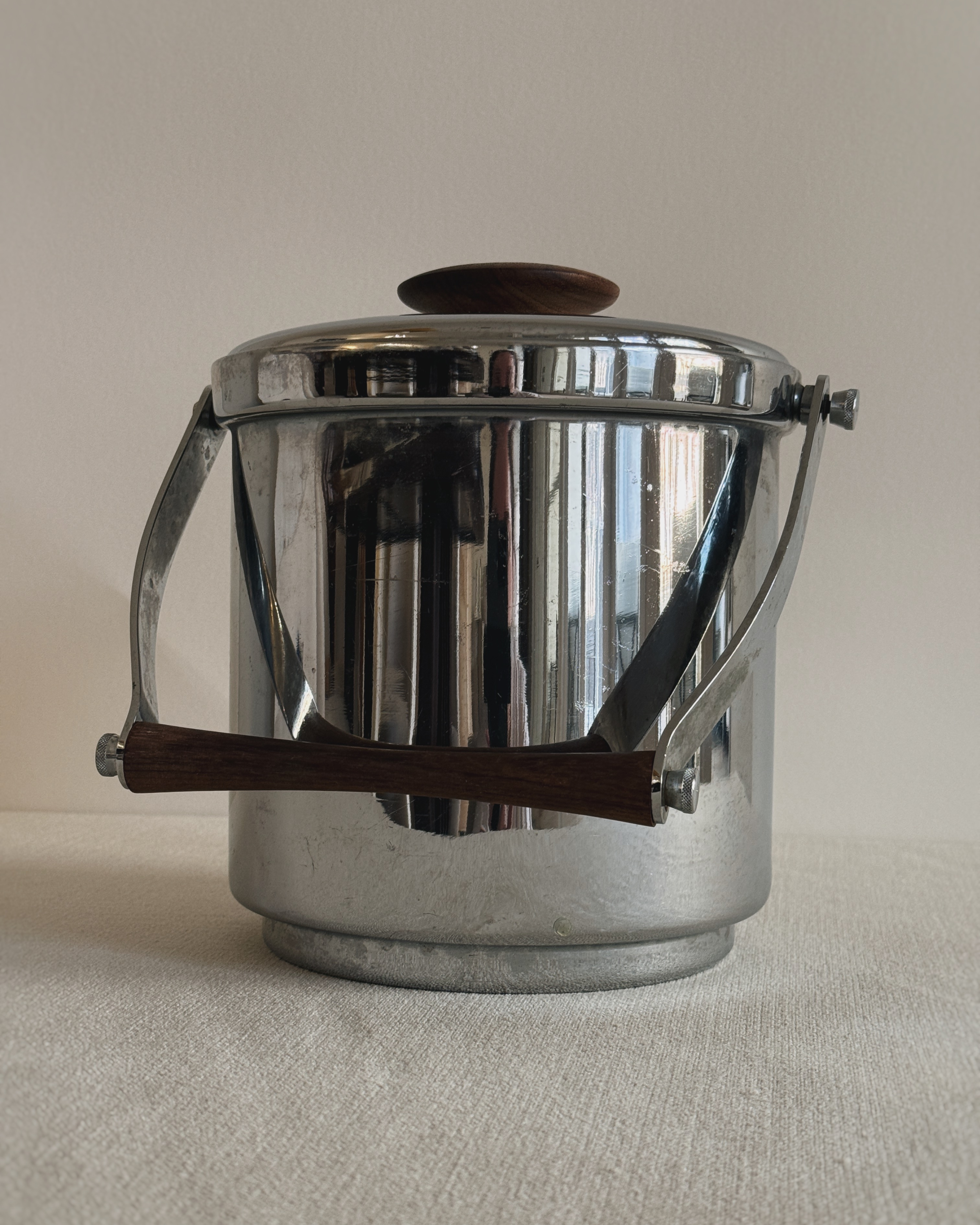 Vintage Italian Stainless Steel & Teak Ice Bucket