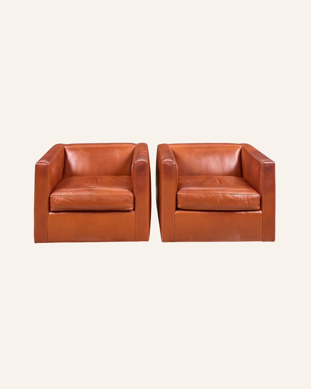 Pair of Vintage Tan Leather Cube Club Chairs on Casters