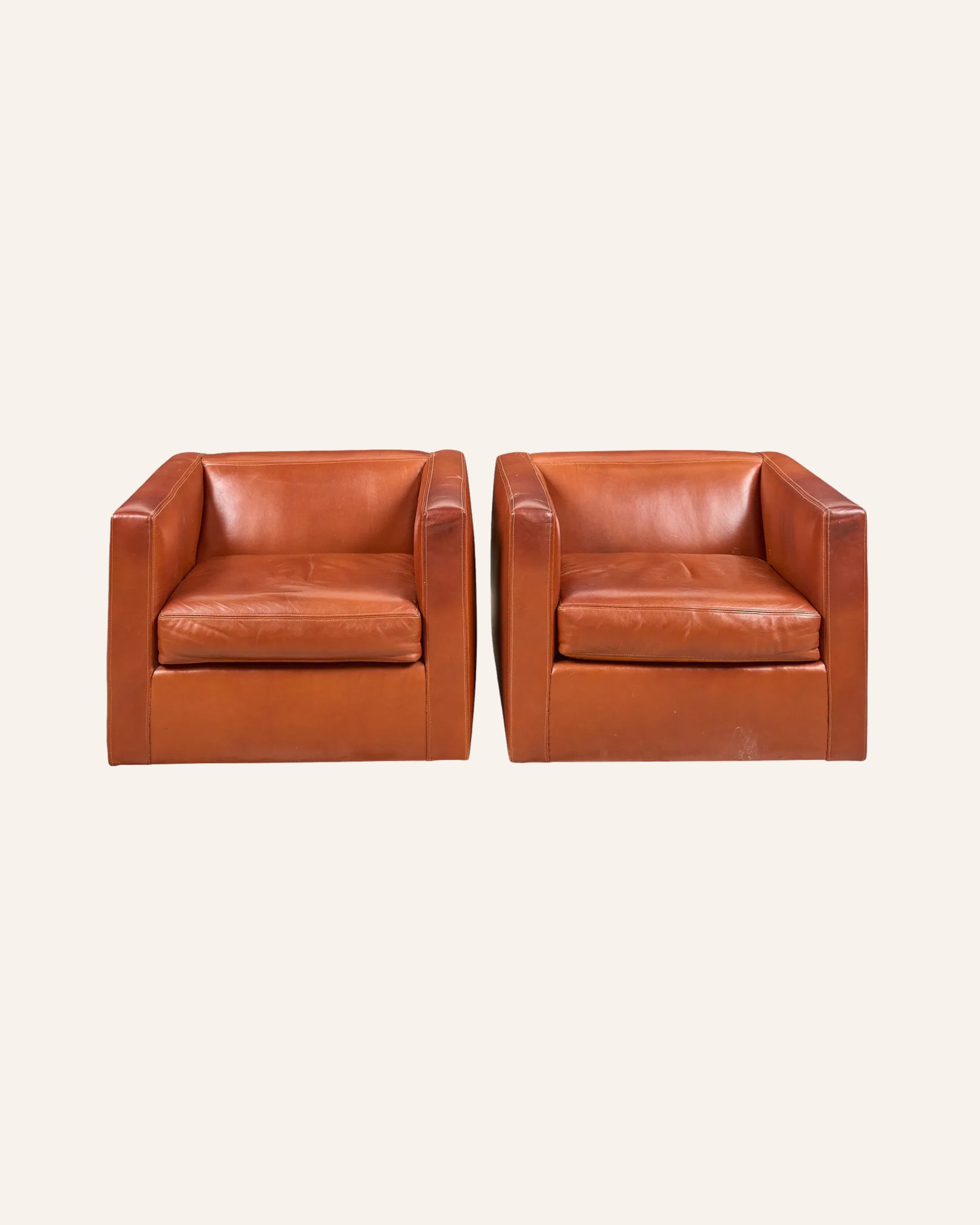 Pair of Vintage Tan Leather Cube Club Chairs on Casters