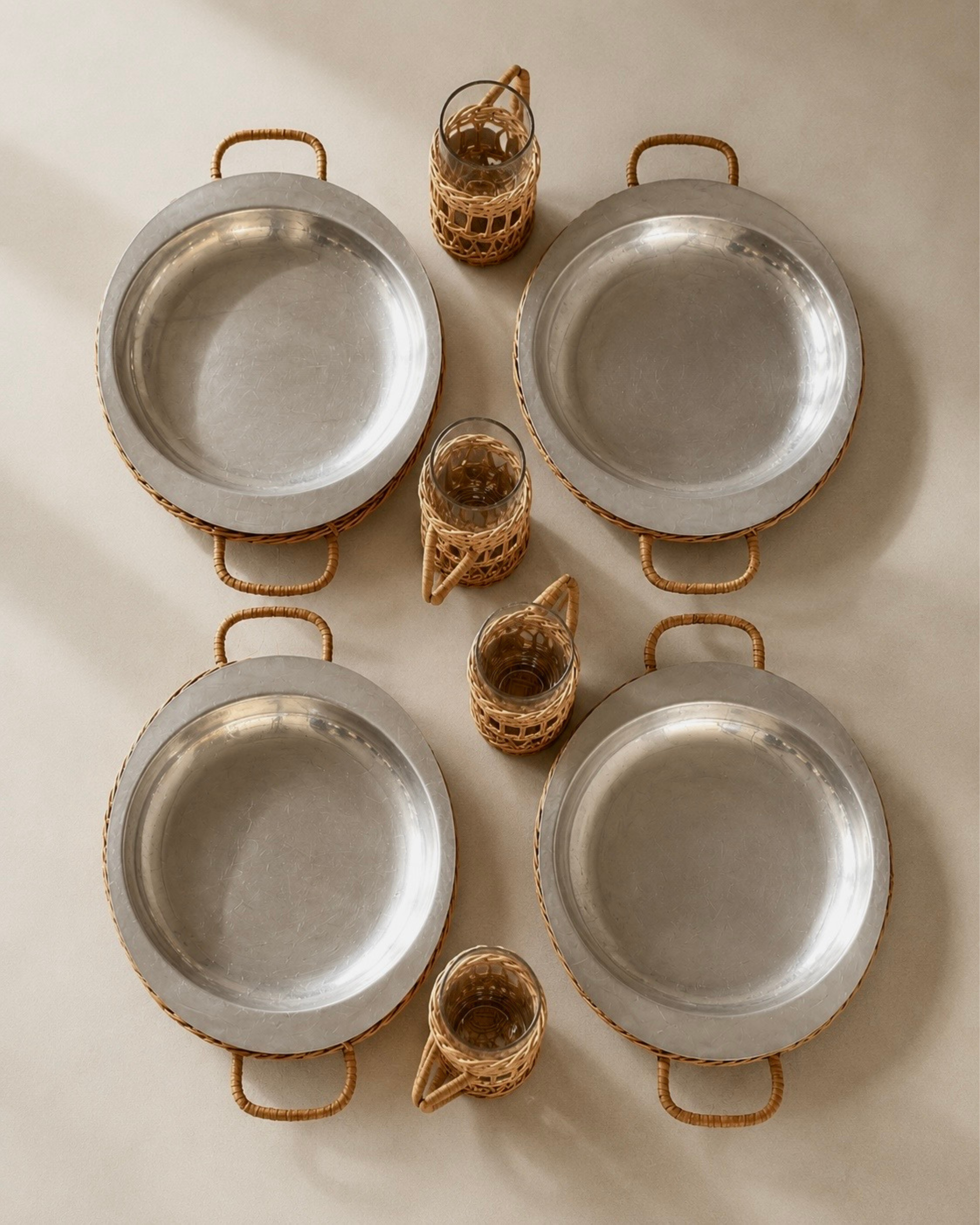 Vintage Ferralum Wicker & Aluminum Dinnerware Set