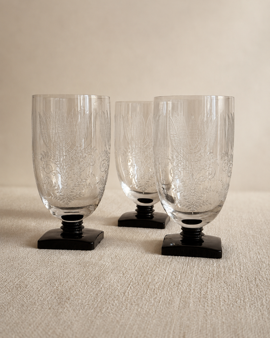 Set of Three Vintage Fostoria Fern Black Stem Goblets
