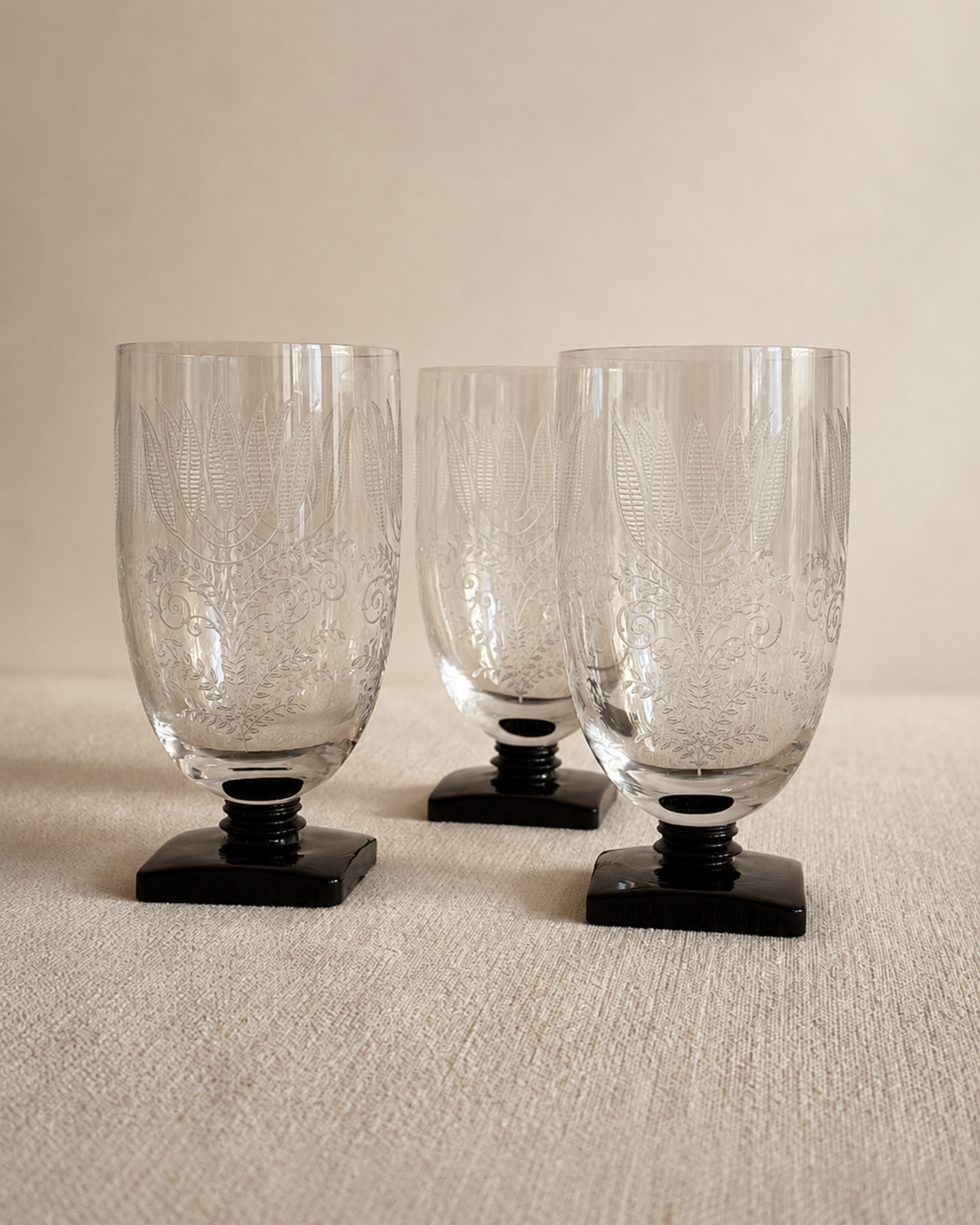 Set of Three Vintage Fostoria Fern Black Stem Goblets