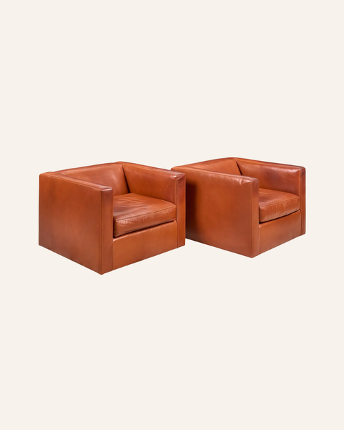 Pair of Vintage Tan Leather Cube Club Chairs on Casters