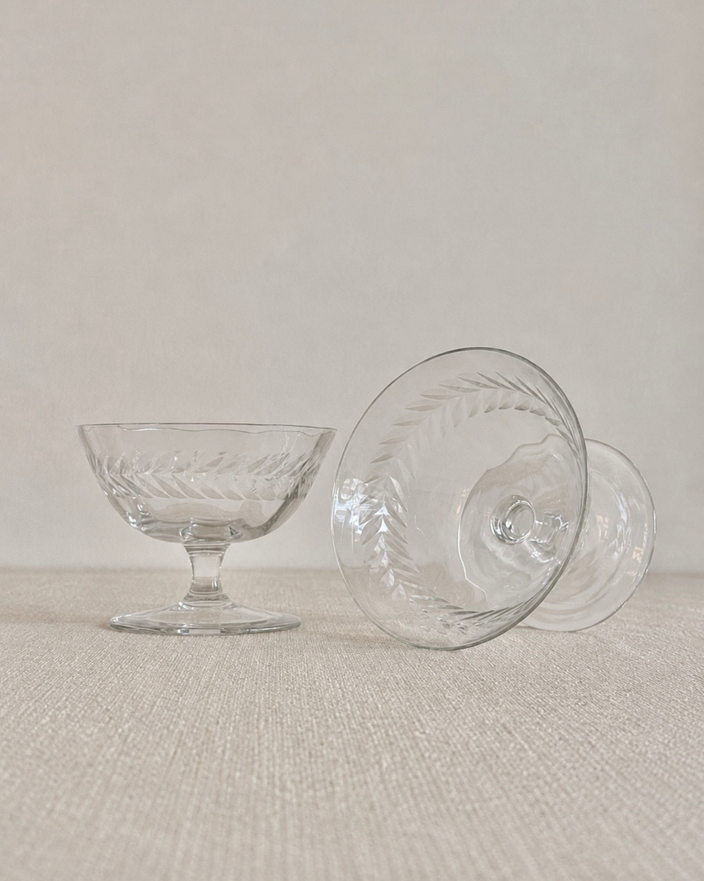 Laurel Leaf Etched Hand-Blown Crystal Coupes, Set of 2