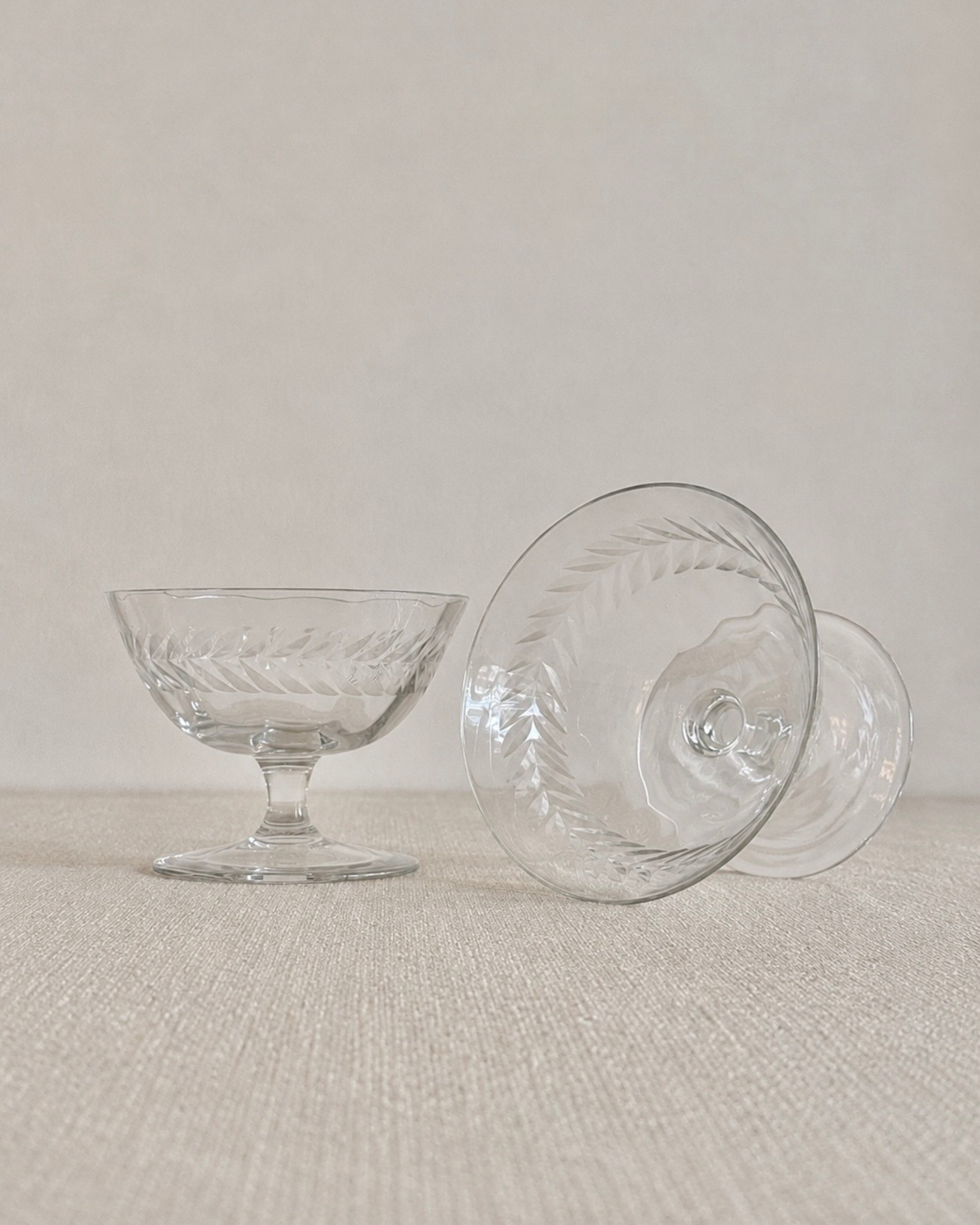 Laurel Leaf Etched Hand-Blown Crystal Coupes, Set of 2