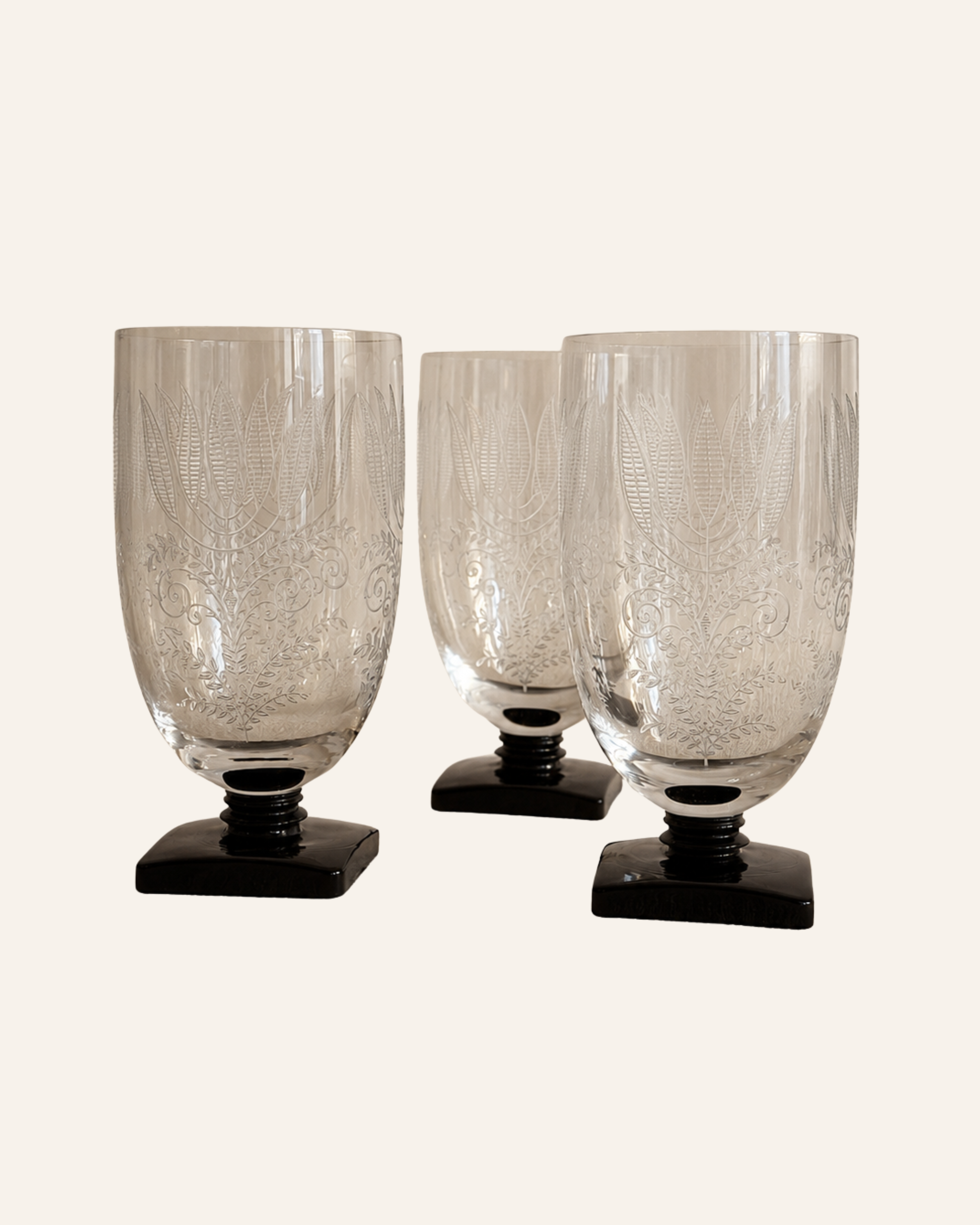 Set of Three Vintage Fostoria Fern Black Stem Goblets