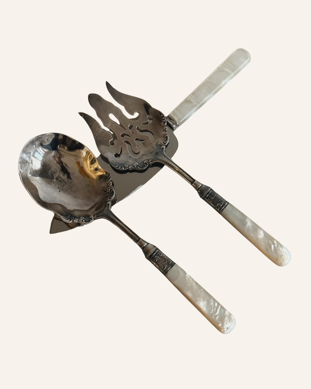 Vintage Mother-of-Pearl Handle Silverplated Serving Set