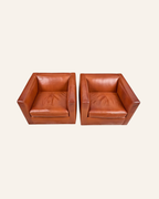 Pair of Vintage Tan Leather Cube Club Chairs on Casters