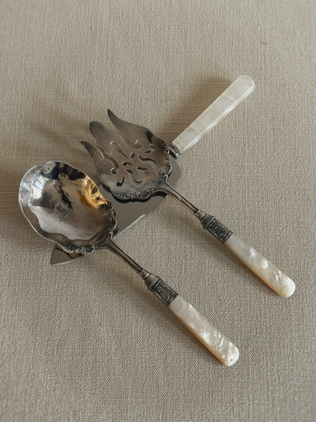 Vintage Mother-of-Pearl Handle Silverplated Serving Set