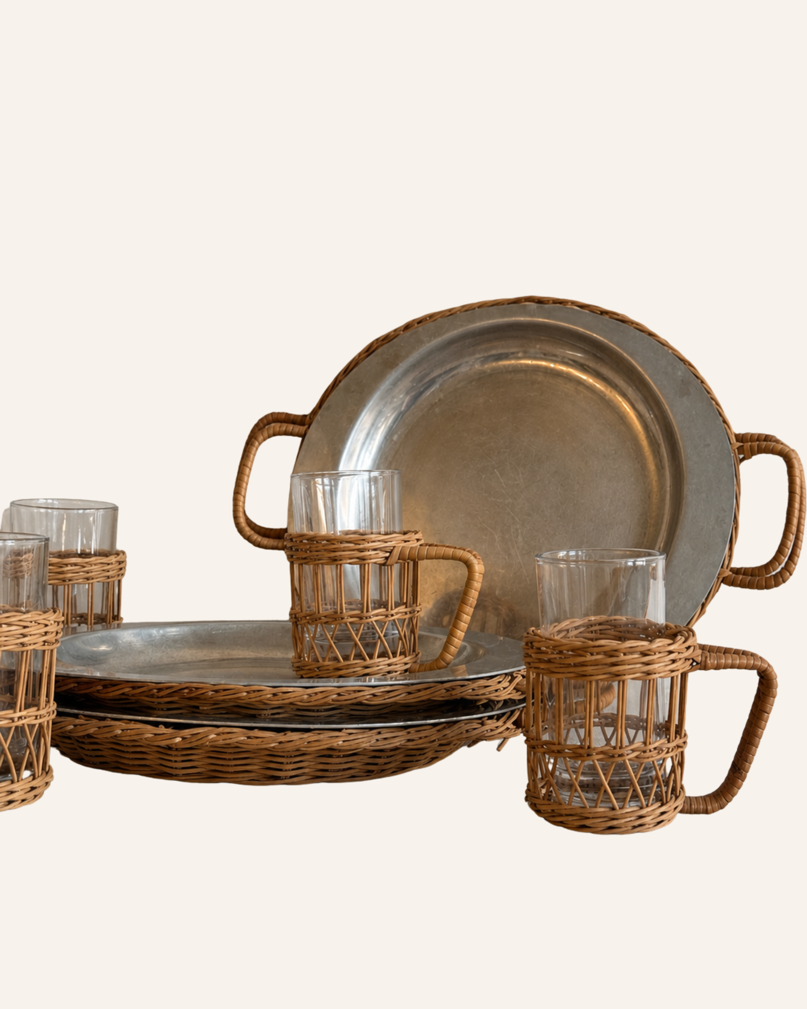 Vintage Ferralum Wicker & Aluminum Dinnerware Set
